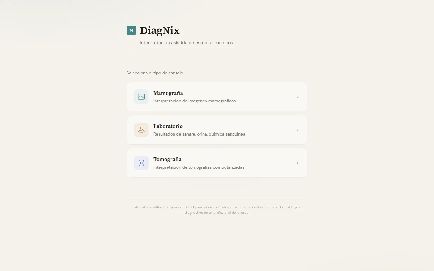 Portal DiagNix con selección de tipo de estudio