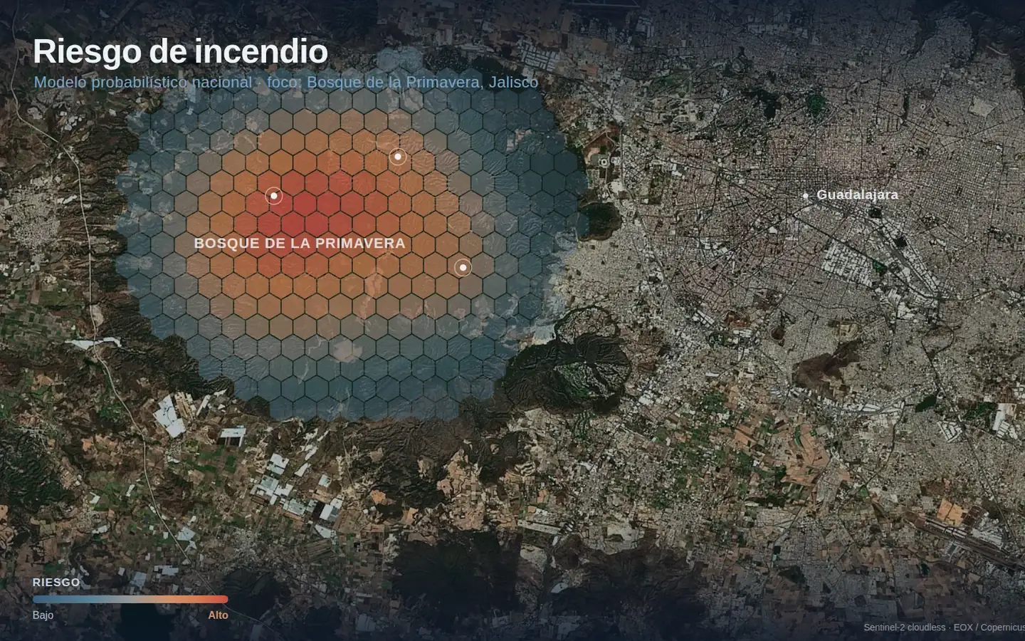 Mapa de riesgo de incendio sobre imagen satelital del Bosque de la Primavera, Jalisco