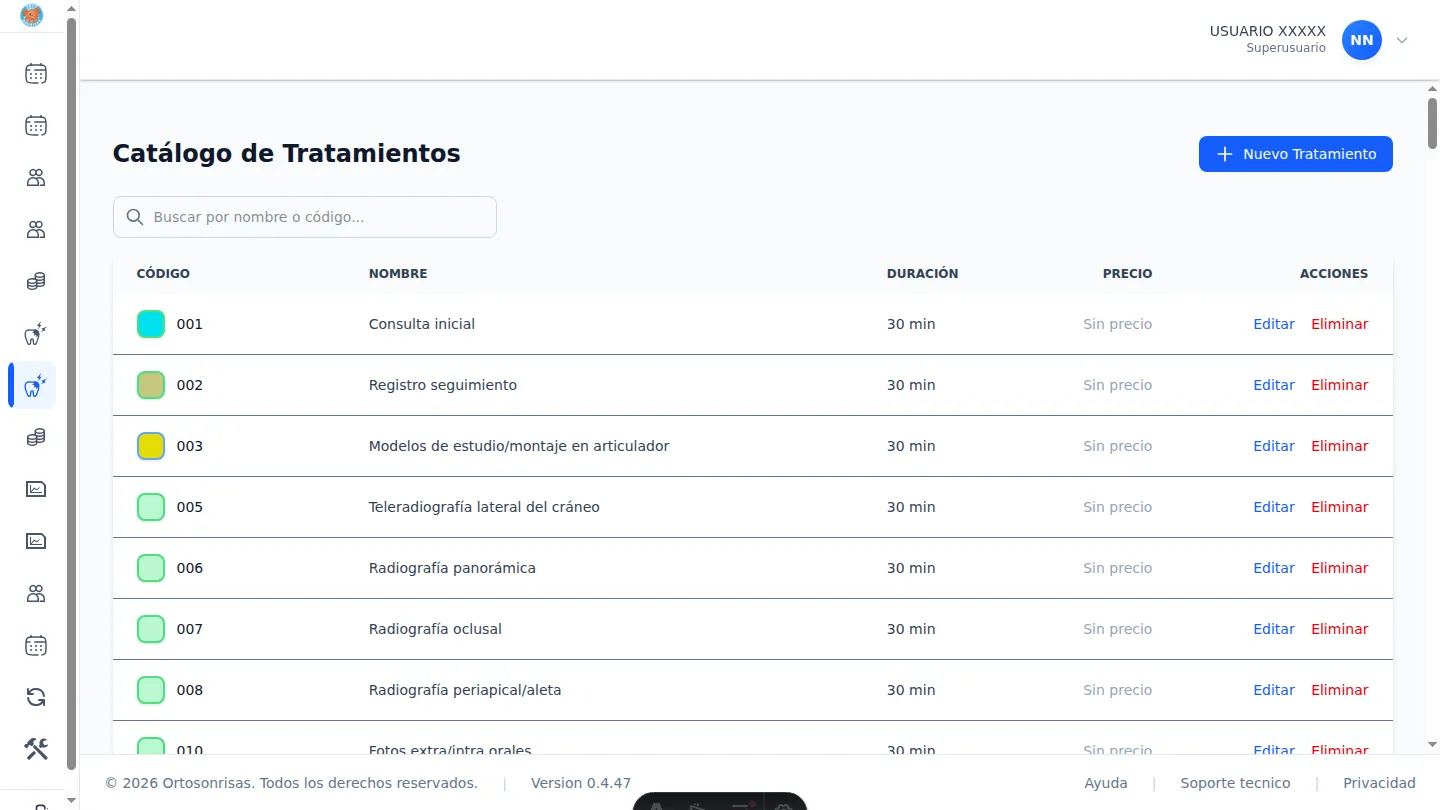 Catálogo de tratamientos con códigos y duración